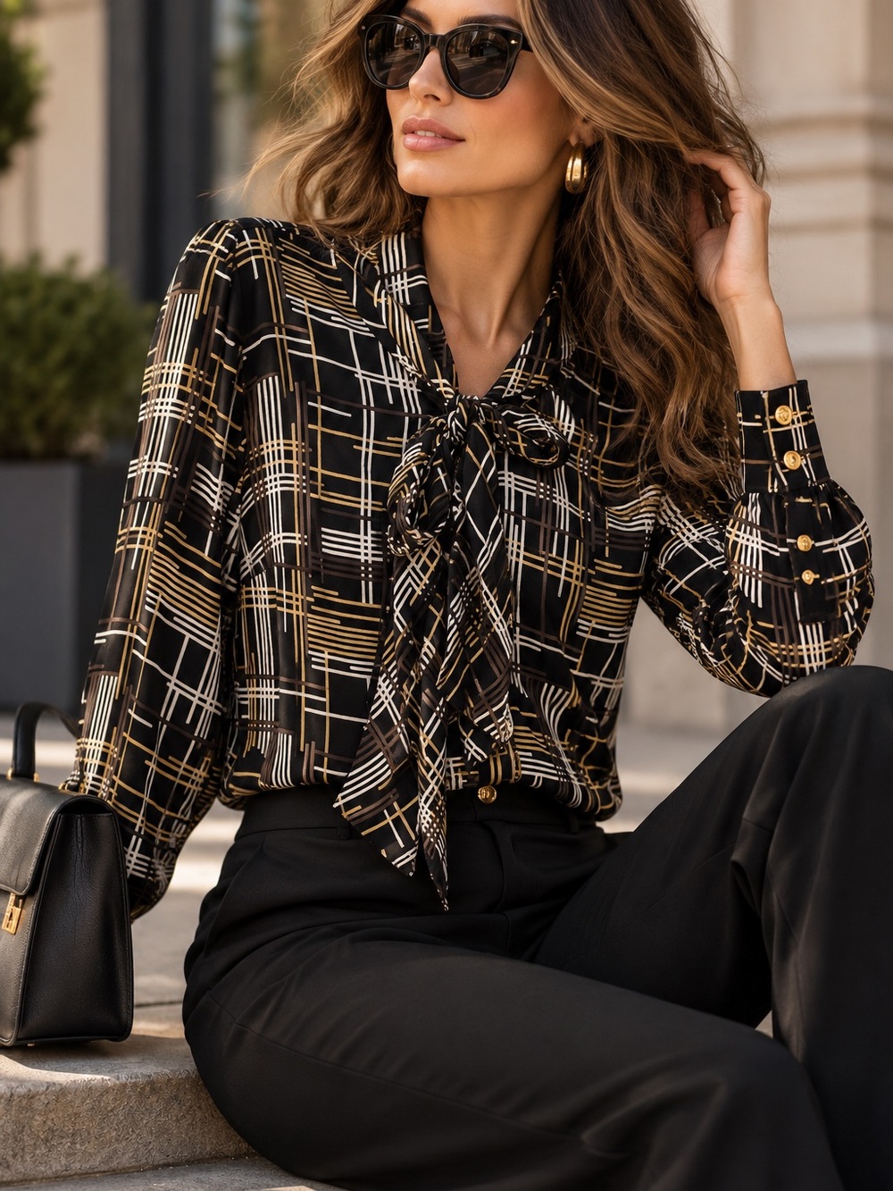 Trina Turk Dame 100% Silk Tie Neck Geometric Blouse Black Gold